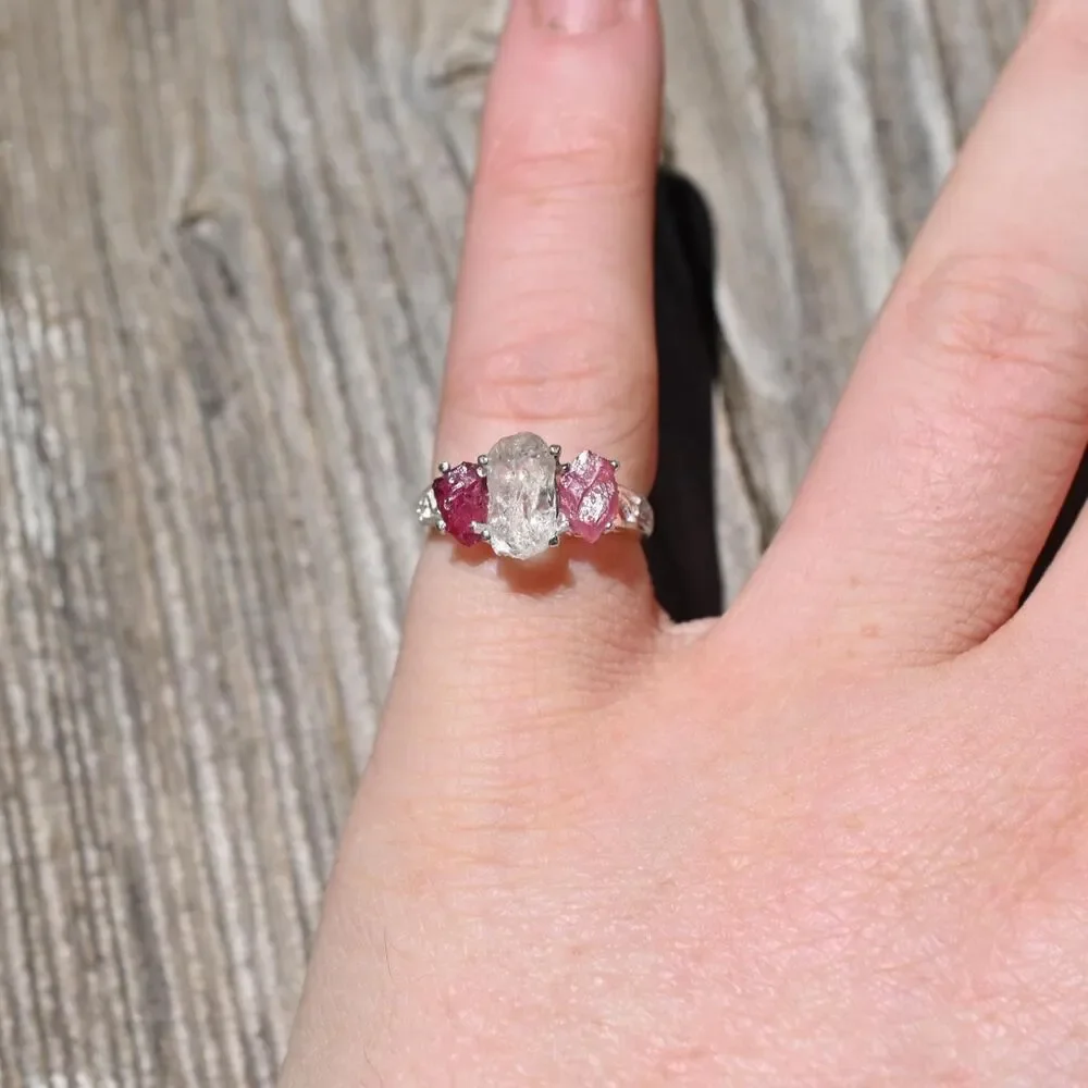 Engagement ring Raw Crystal with Pink Tourmaline and Quartz Handmade Silver Thr